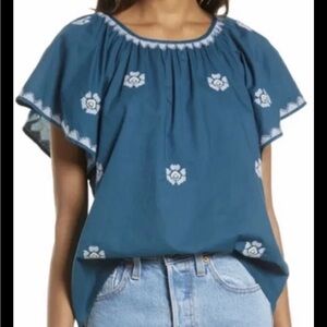 Madewell Teal Embroidered Flutter Sleeve Top Size XS